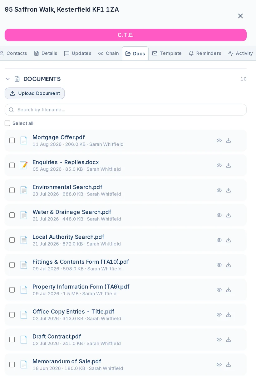 Documents filed against a case — memorandum, contract, searches and mortgage offer