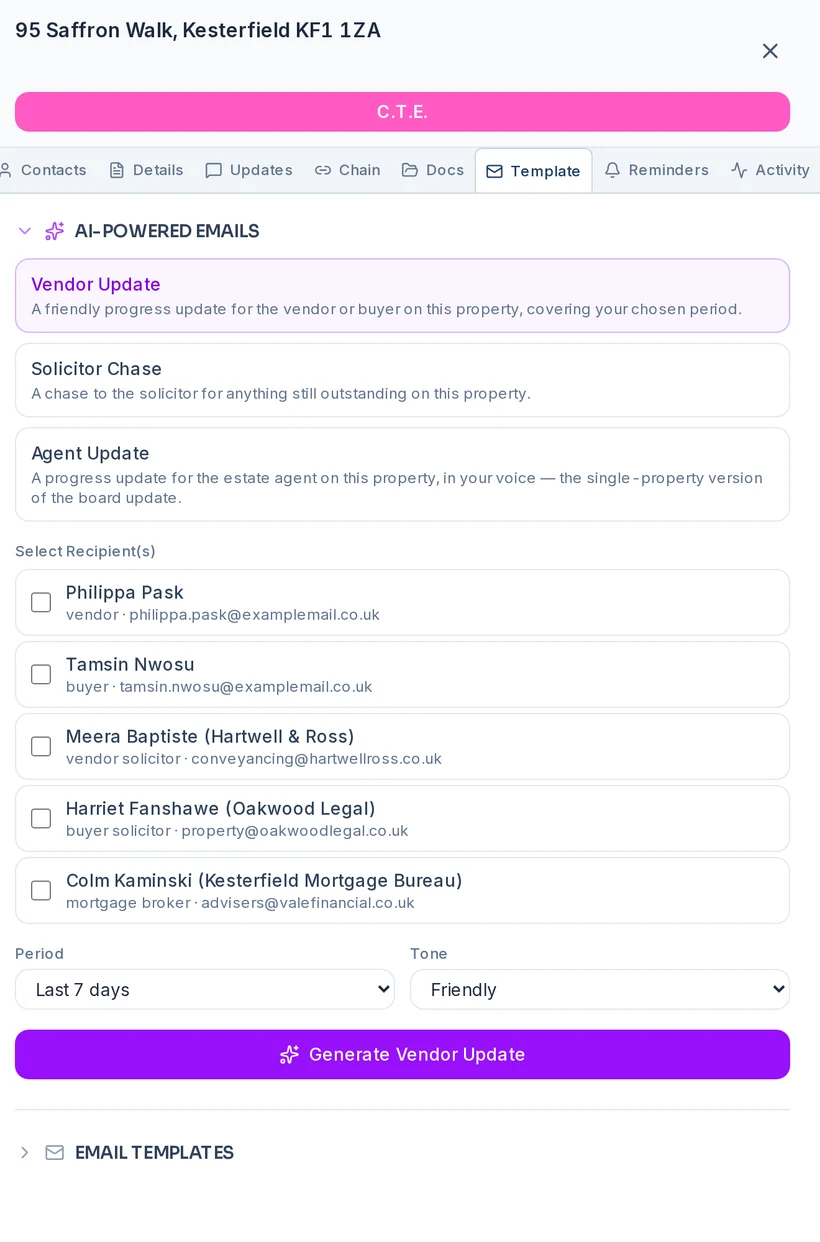 AI-drafted chase and update emails for a case, addressed to the right people